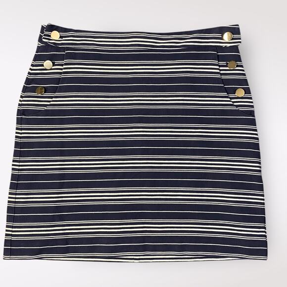 Loft Striped Buttoned Cotton Mini Pencil Skirt Size‎ 8 Blue White - Picture 1 of 9